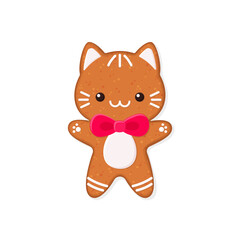 Cat shaped gingerbread cookie. Flat vector illustration