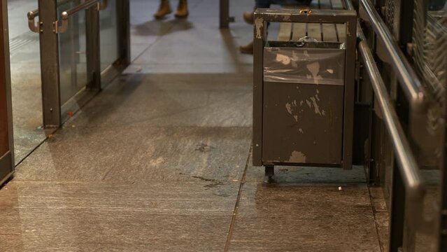 Static shot of rats coming to eat food off the floor with a woman sitting and waiting on a bus
