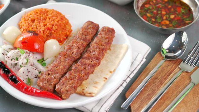Traditional Turkish meal kebab, Ali nazik, adana kebap, urfa kebap, &ccedil;&ouml;p şiş, patlican kebap, domates kebap, şaşlık, saslik, ciger sis on table top view
