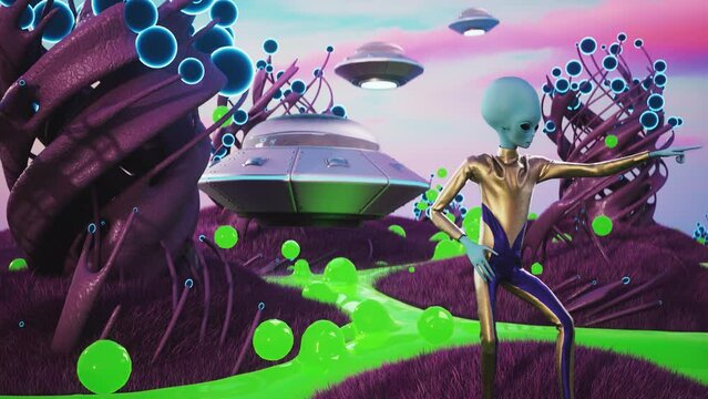 alien dance on exoplanet planet 3d loop animation