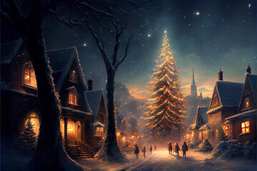 Beautiful village with a huge and beautiful christmas tree in painting style. Created using generative AI technology