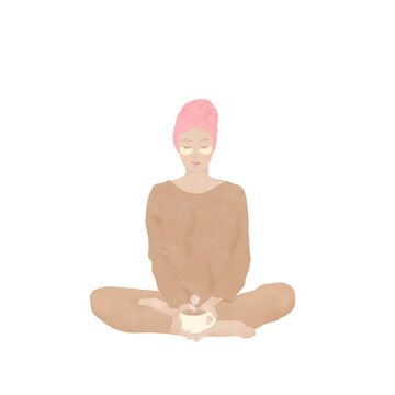 me time beautiful young woman with under eye mask on her face and enjoying a coffee on transparent background