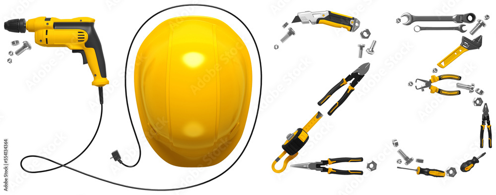 Wall mural A set of construction tools isolated on a transparent background. Creative 2023 New Year PNG illustration on engineering, construction, interior finishing, repair and maintenance theme. 