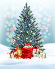 Holiday background with Christmas blue tree with garland and presents. Vector. - 554135152