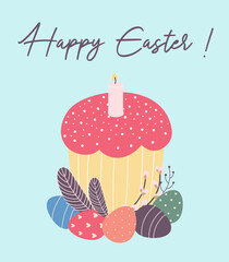 Happy Easter greeting card. cake, eggs, willow