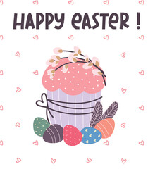 Happy Easter greeting card.Easter cake,eggs,willow