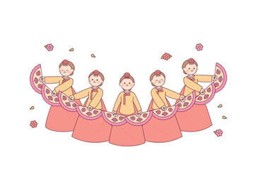 Korean traditional dance. Beautiful fan dance by women wearing hanbok.