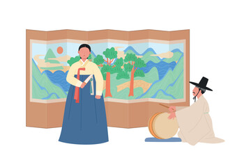 A singer wearing a hanbok is singing. The conductor is beating the drums.