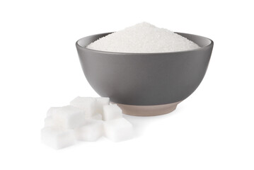 Granulated and cubed sugar with bowl on white background