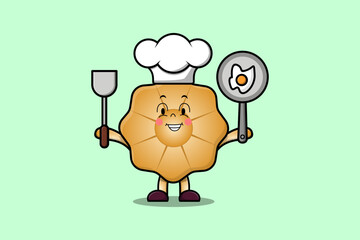 Cute cartoon Cookies chef character holding pan and spatula in flat cartoon style illustration