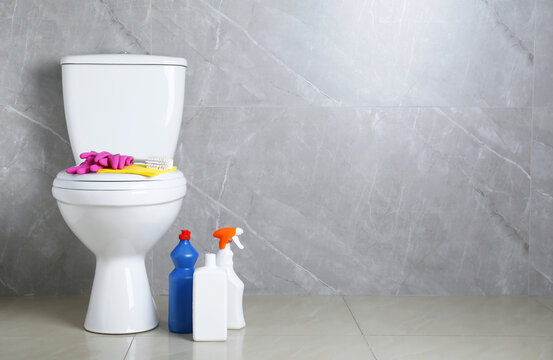 Toilet bowl and different cleaning supplies indoors, space for text