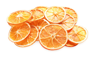 Delicious dry orange slices on white background