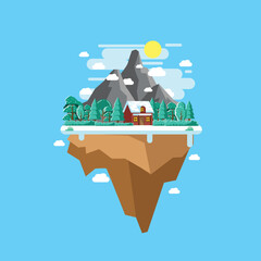 Floating island in winter season with flat design illustration