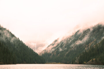 Lake in the mountains with a coniferous forest in the fog