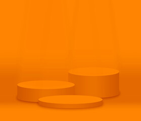 Three big size orange pastel round pedestal podium that rounded edges.For place goods,cosmetics,cartoon model,design fashion,food,drink,fruit or technical tools advertising.3D illustration.