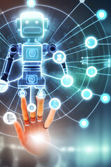 AI, Machine learning, Hands of robot and human touching on big data network connection background, Science and artificial intelligence technology, innovation and futuristic, with AI generate