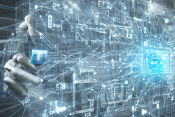 Naklejka premium AI, Machine learning, Hands of robot and human touching on big data network connection background, Science and artificial intelligence technology, innovation and futuristic, with AI generate
