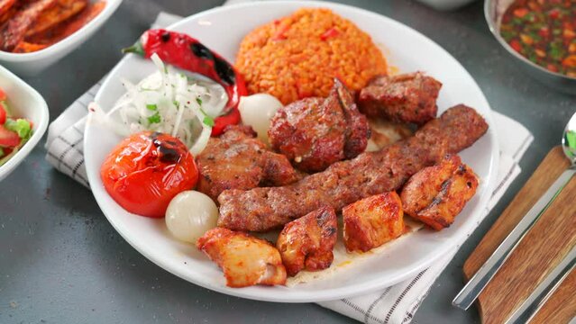 Traditional Turkish meal kebab, Ali nazik, adana kebap, urfa kebap, &ccedil;&ouml;p şiş, patlican kebap, domates kebap, şaşlık, saslik, ciger sis on table top view
