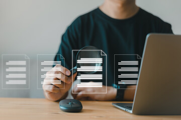 Data analytics, an annual report, and result checking man with a magnifying glass. Business documents are scanned. electronic online document