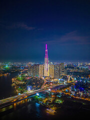 Ho Chi Minh city, Vietnam - DEC 10 2022: Aerial sunset view at Landmark 81 - it is a super tall...