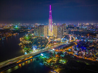 Ho Chi Minh city, Vietnam - DEC 10 2022: Aerial sunset view at Landmark 81 - it is a super tall...