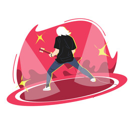 male musician, bassist with long hair performing solo in concert. back view. spotlight background, fans, stage. music concept, band. for print, poster, sticker, etc. vector flat illustration