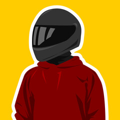 portrait of a rider wearing a motorcycle helmet. maroon sweater. yellow background. avatars social media. motorcycle lover. flat vector illustration