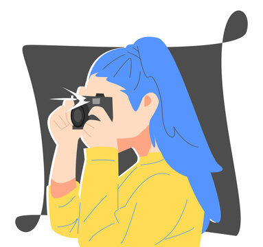 girl taking pictures with camera. half body side view concept of photographers, paparazzi, hobbies, work, etc. flat vector illustration.