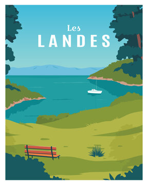Landscape the Landes region of France is famous for its great beaches. travel to france. vector illustration with color style for travel poster, postcard, card, print.