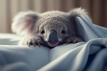 Cute Koala Snuggling in Soft Blanket in Bed. Generative ai