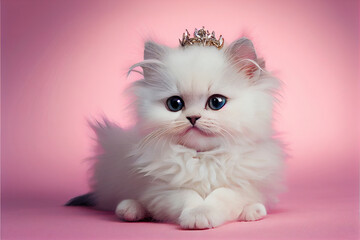 Adorable White Kitten Wearing Tutu Sitting on Pink Background. Generative ai - 554140319