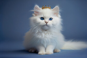 Adorable White Kitten Wearing Tutu Sitting on Blue Background. Generative ai
