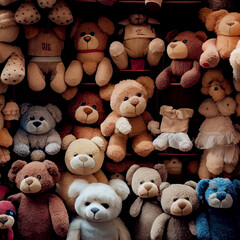 Shelves Full of Old Forgotten Stuffed Teddy Bears. Generative ai