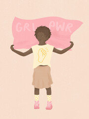 little African American girl holding a GRL PWR girl power flag