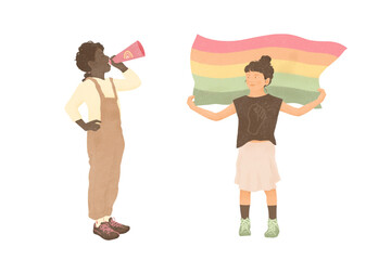 GRL PWR multi ethnic little girls supporting the LGBTQ community on transparent background