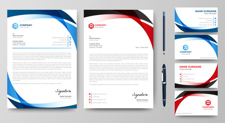 Professional creative letterhead and business card template. Modern a4 Business Letterhead Design. Red and Blue. Corporate business card branding identity. Vector