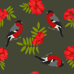 Gile i jarzębina. Powtarzalny wzór z ptakami, liśćmi jarzębiny i czerwonymi jagodami. Ilustracja wektorowa.