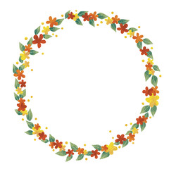 Yellow, red and orange flower with leaf wreath illustration for decoration on autumn season and Thanksgiving festival. 