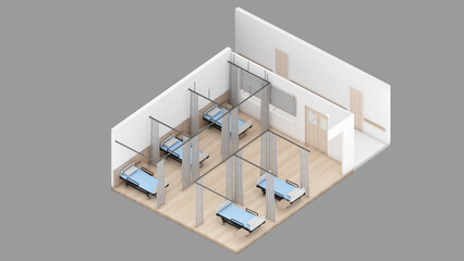 Isometric view of a multi-bed patient bedroom,medical area, ward,3d rendering.