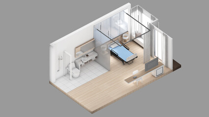 Fototapeta na wymiar Isometric view of a patient's bedroom,medical area, ward,3d rendering.