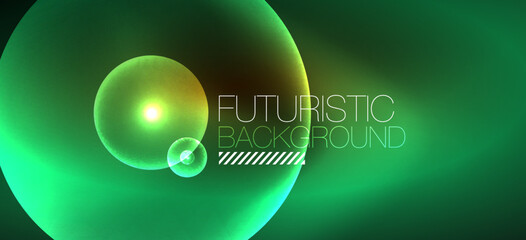 Shiny neon geometric abstract background. Glowing lights on round shapes, triangles and circles. Wallpaper for concept of AI technology, blockchain, communication, 5G, science, business