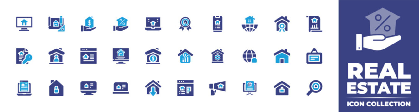 Real estate icon collection. Bold icon. Duotone color. Vector illustration. Containing monitor, building plan, hand, mortgage, real estate agency, real estate, real estate agent, and more.