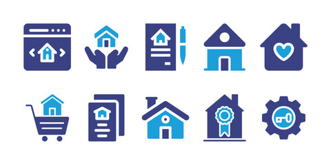 Real estate icon set. Bold icon. Duotone color. Vector illustration. Containing online shopping, house, contract, home, buy home, rent.