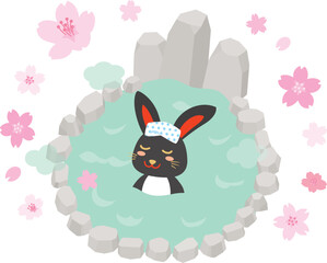 春の露天風呂に浸かるウサギ