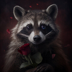 Raccoon with a rose