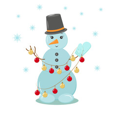 a snowman in a hat and mittens with a garland