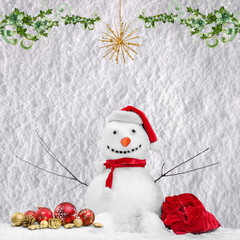 snowman in red santa claus hat with the background of white snow green leaves and a golden star