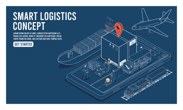 3D isometric Smart logistics concept with Warehouse Logistics and Management, Logistics solutions complete supply chain, transportation truck use wireless technology. Eps10 vector illustration