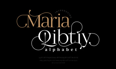 Mariaqibty abstract simple fashion wedding alphabet. Elegant ligature typography typeface design - obrazy, fototapety, plakaty