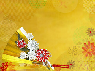 花と和柄模様の金の和紙にお祝いの扇子